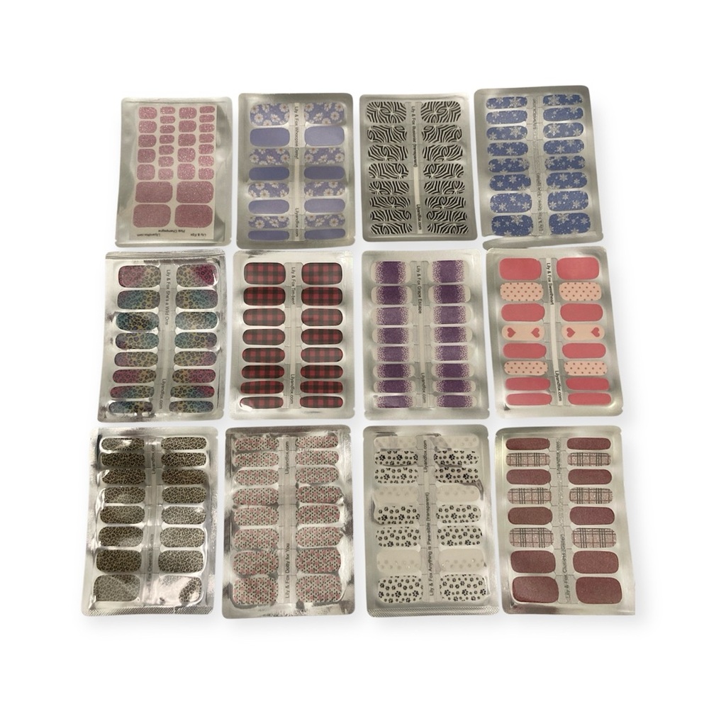 Lot 12 Lily & Fox Nail Wrap Strips Cheetah Sparkle Glitter Polka Dot Paw Flowers